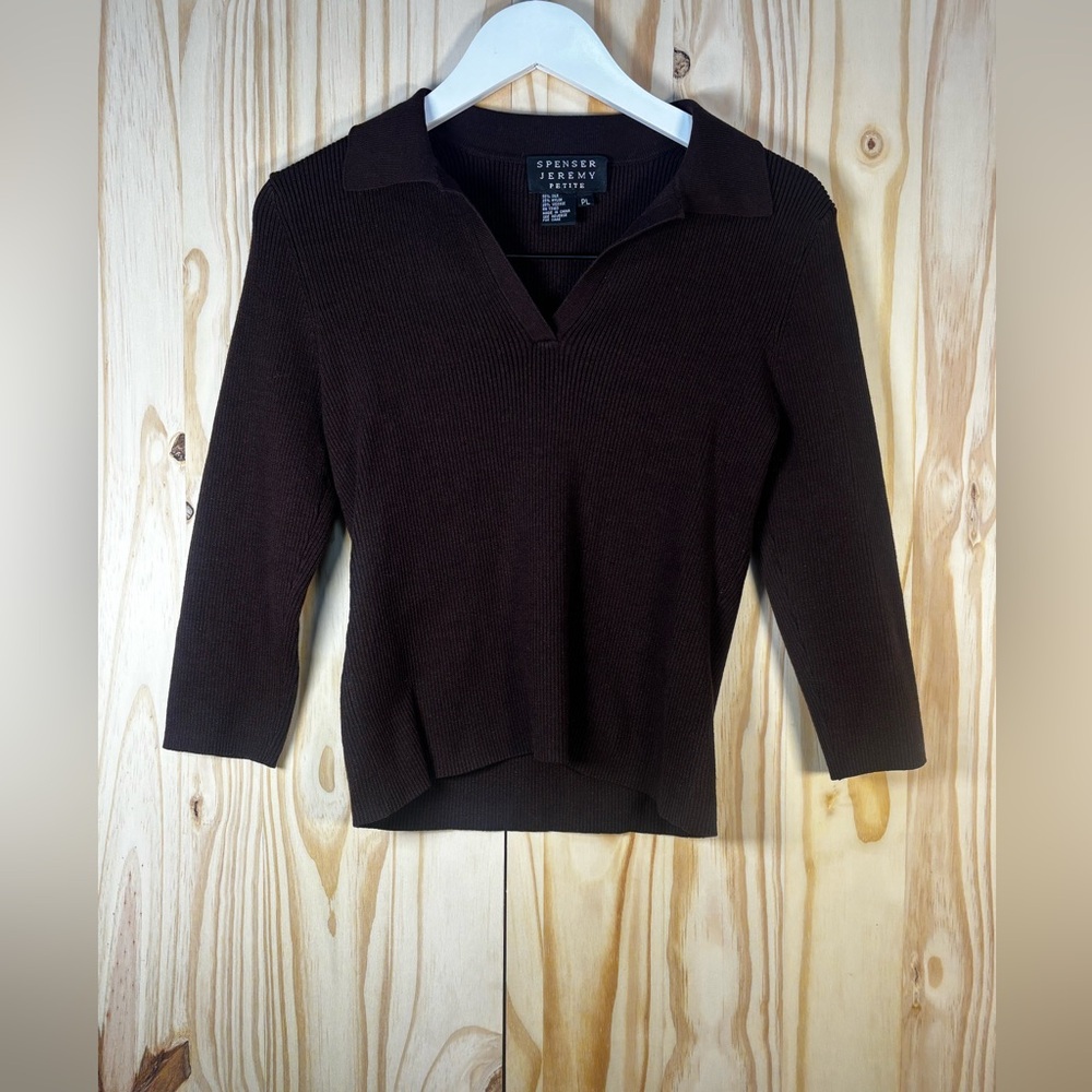Spenser Jeremy Petite Ribbed Collared Top in Brown